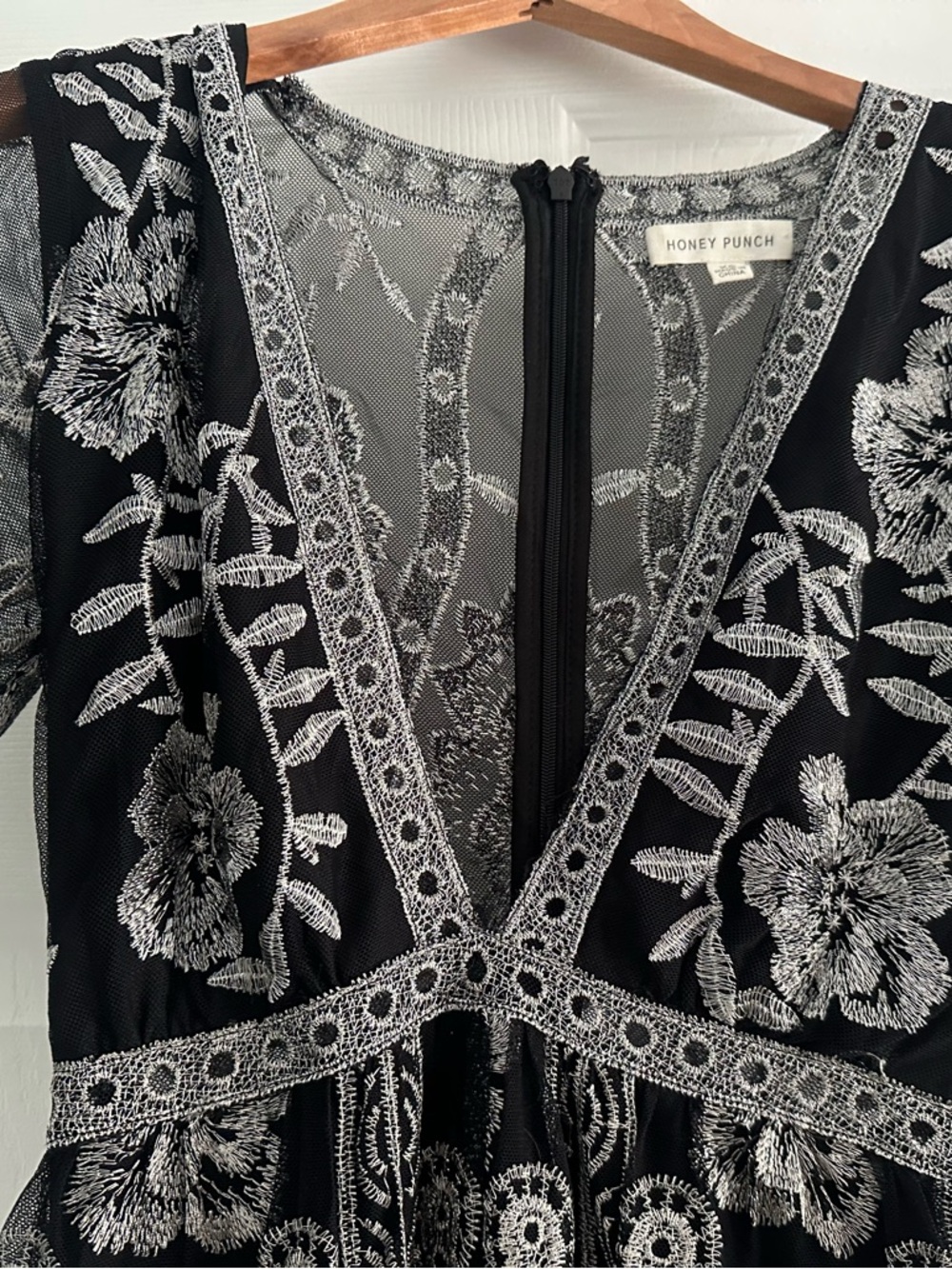 Honey Punch Black Embroidered Mesh Romper, Boho Lace Sheer Size XS - Picture 3 of 4